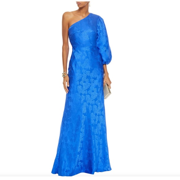 SALONI Dresses & Skirts - Saloni Lily One Shoulder Royal blue Silk Jacquard Gown